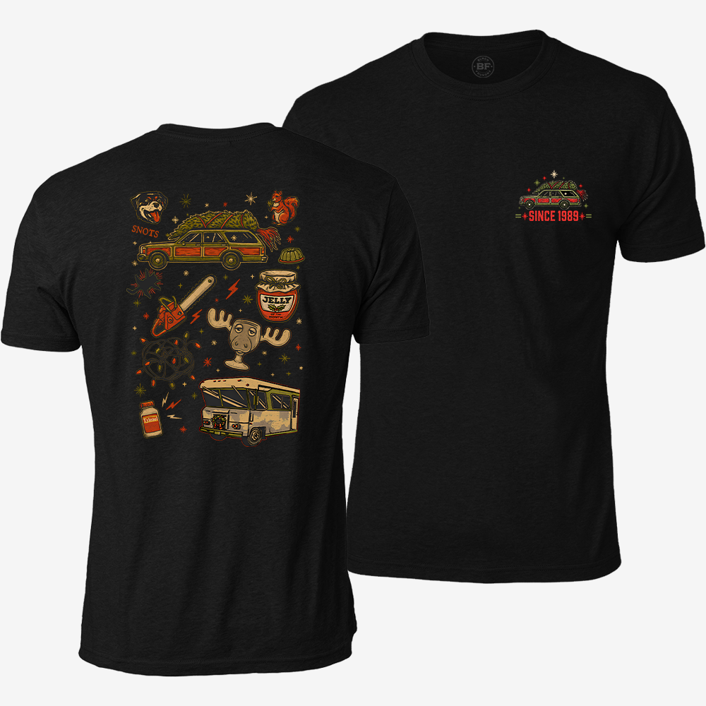 Christmas Vacation Chaos T-shirt Black front and back mockup