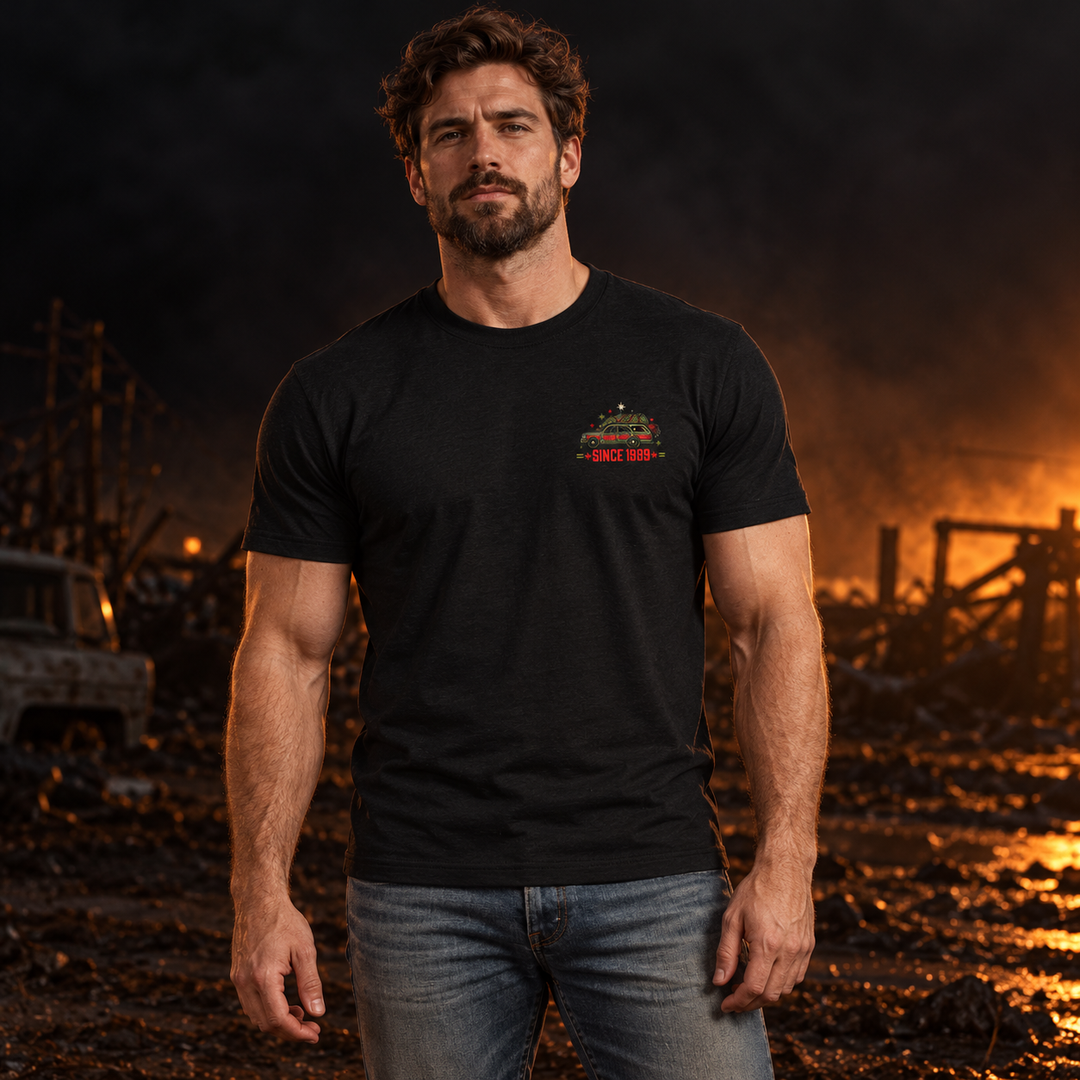 Christmas Vacation Chaos T-shirt Black front logo lifestyle creative