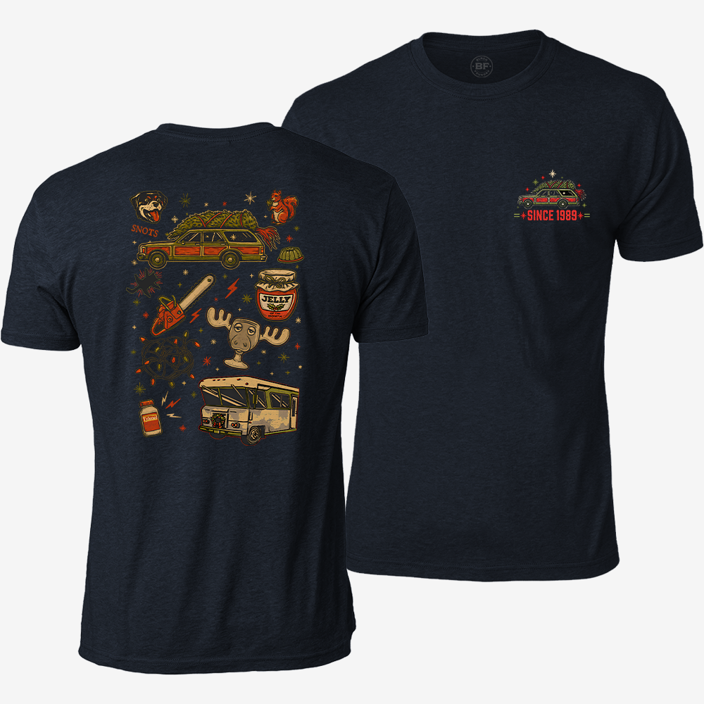 Christmas Vacation Chaos T-shirt Heather Navy front and back mockup