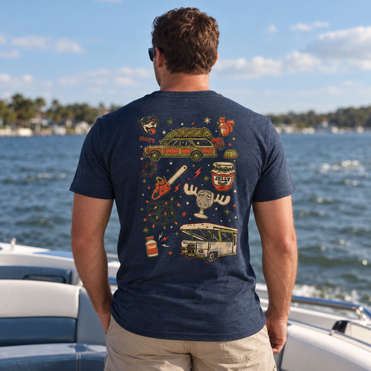 Christmas Vacation Chaos T-shirt Heather Navy back design lifestyle creative
