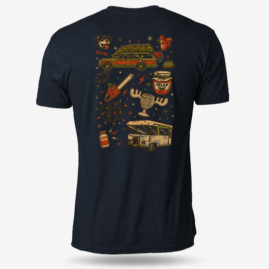 Christmas Vacation Chaos T-shirt Heather Navy main printed design mockup