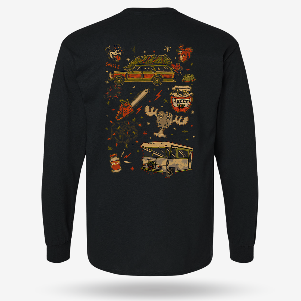 Christmas Vacation Chaos Long Sleeve Black main printed design mockup