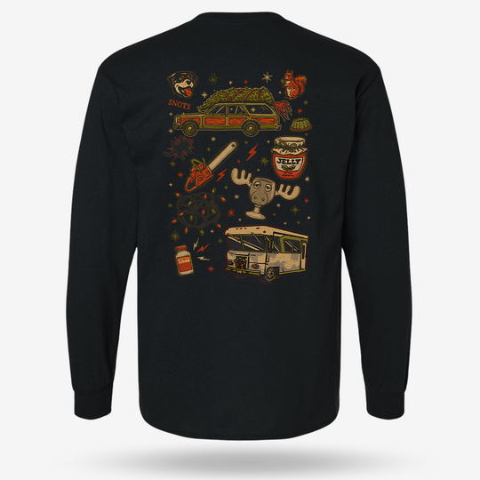 Christmas Vacation Chaos Long Sleeve Black main printed design mockup