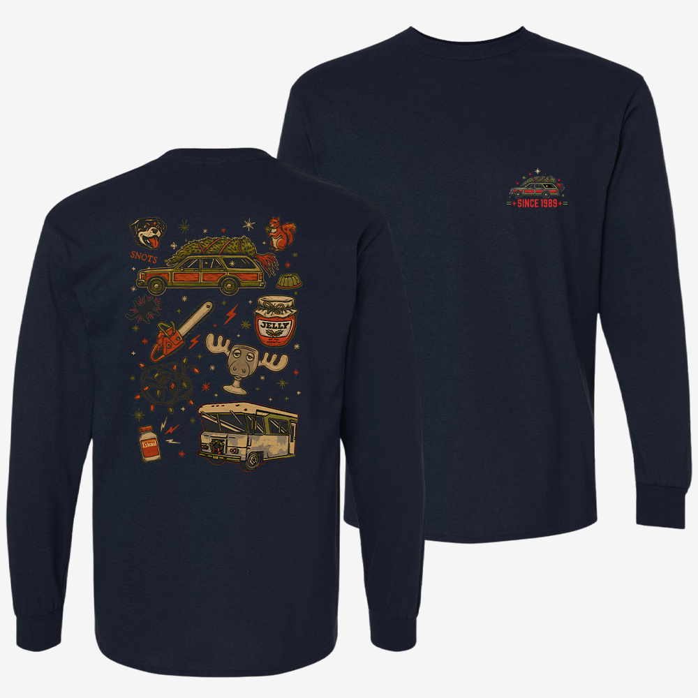 Christmas Vacation Chaos Long Sleeve Navy front and back mockup