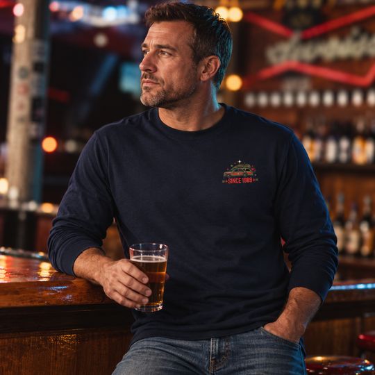 Christmas Vacation Chaos Long Sleeve Navy front logo lifestyle creative