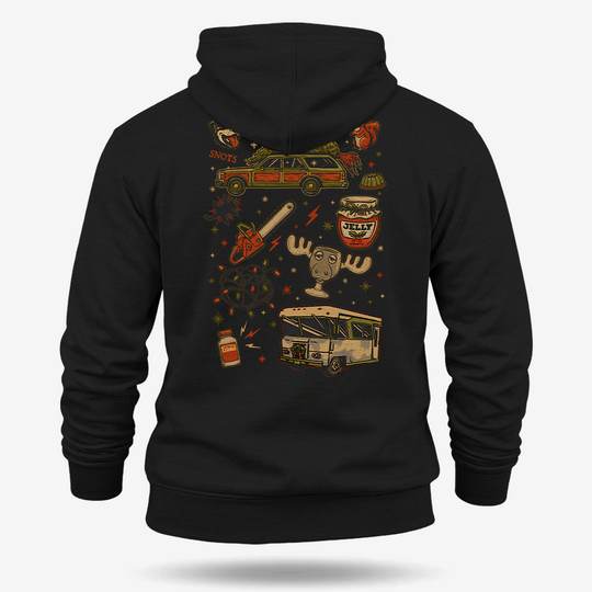 Christmas Vacation Chaos Hoodie Black main printed design mockup