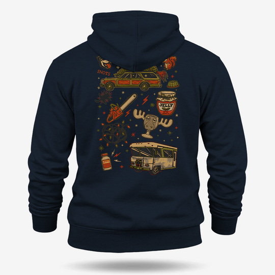 Christmas Vacation Chaos Hoodie Navy main printed design mockup