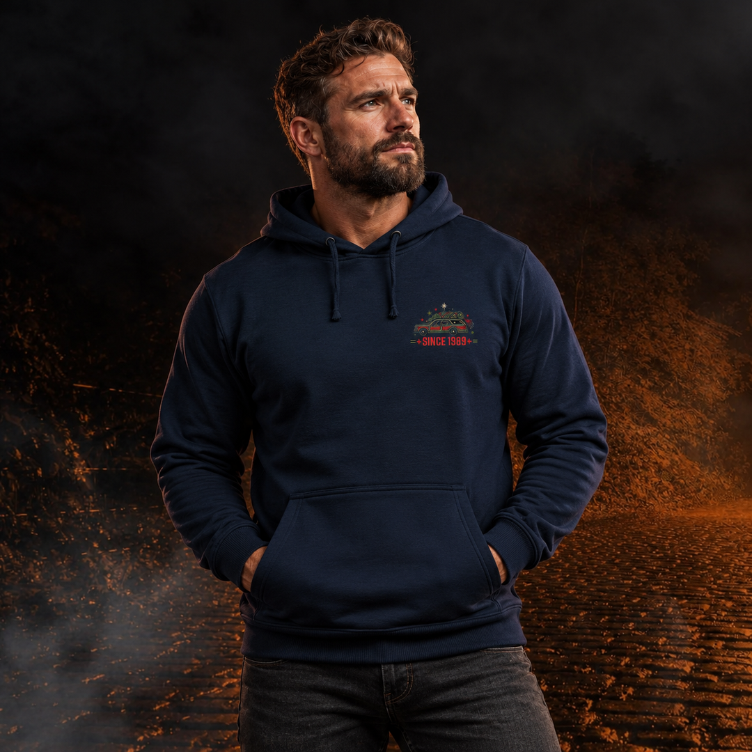 Christmas Vacation Chaos Hoodie Navy front logo lifestyle creative