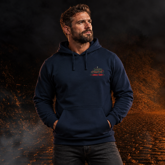 Christmas Vacation Chaos Hoodie Navy front logo lifestyle creative