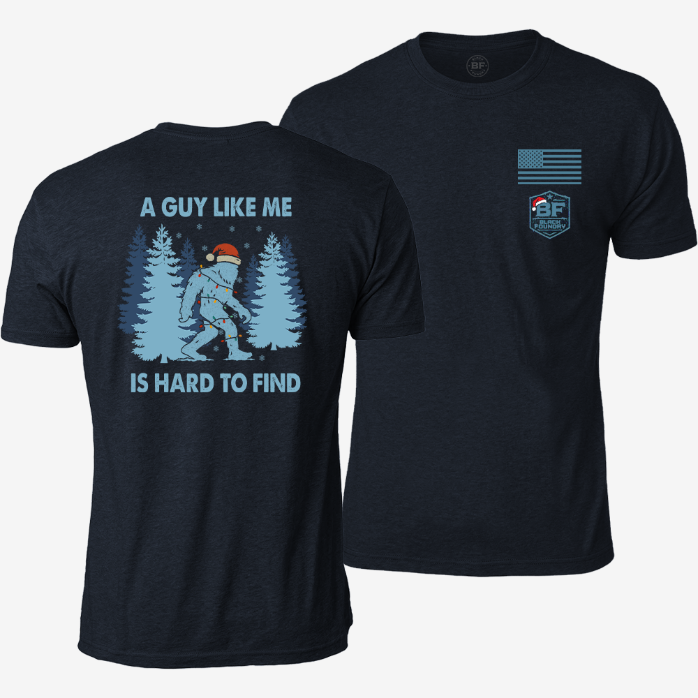Hard To Find Christmas Bigfoot T-shirt Heather Navy front and back mockup