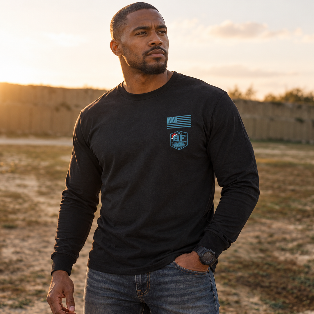 Hard To Find Christmas Bigfoot Long Sleeve Black front logo lifestyle creative