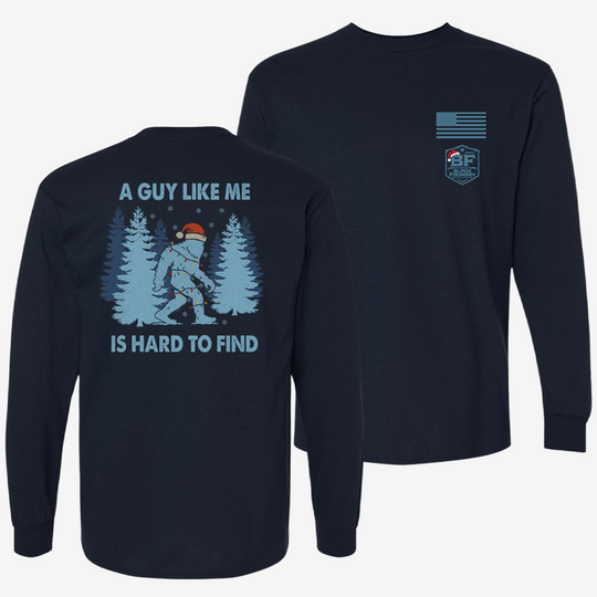 Hard To Find Christmas Bigfoot Long Sleeve Navy front and back mockup