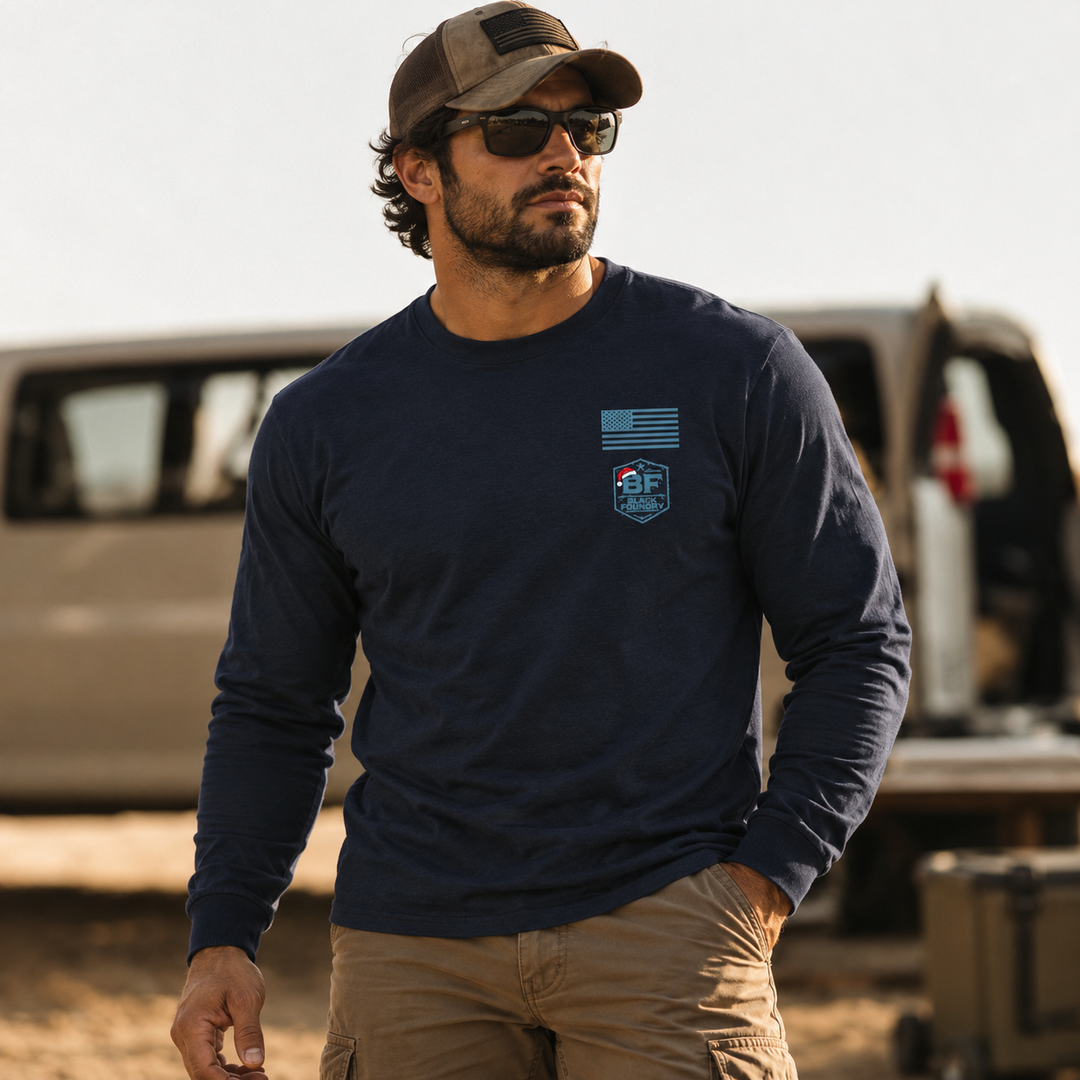 Hard To Find Christmas Bigfoot Long Sleeve Navy front logo lifestyle creative
