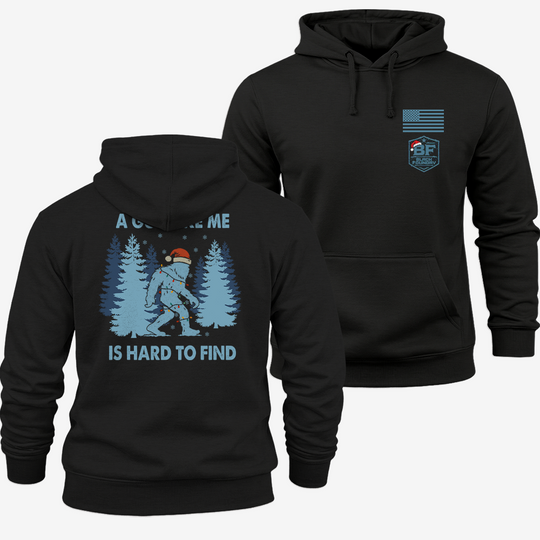 Hard To Find Christmas Bigfoot Hoodie Black front and back mockup