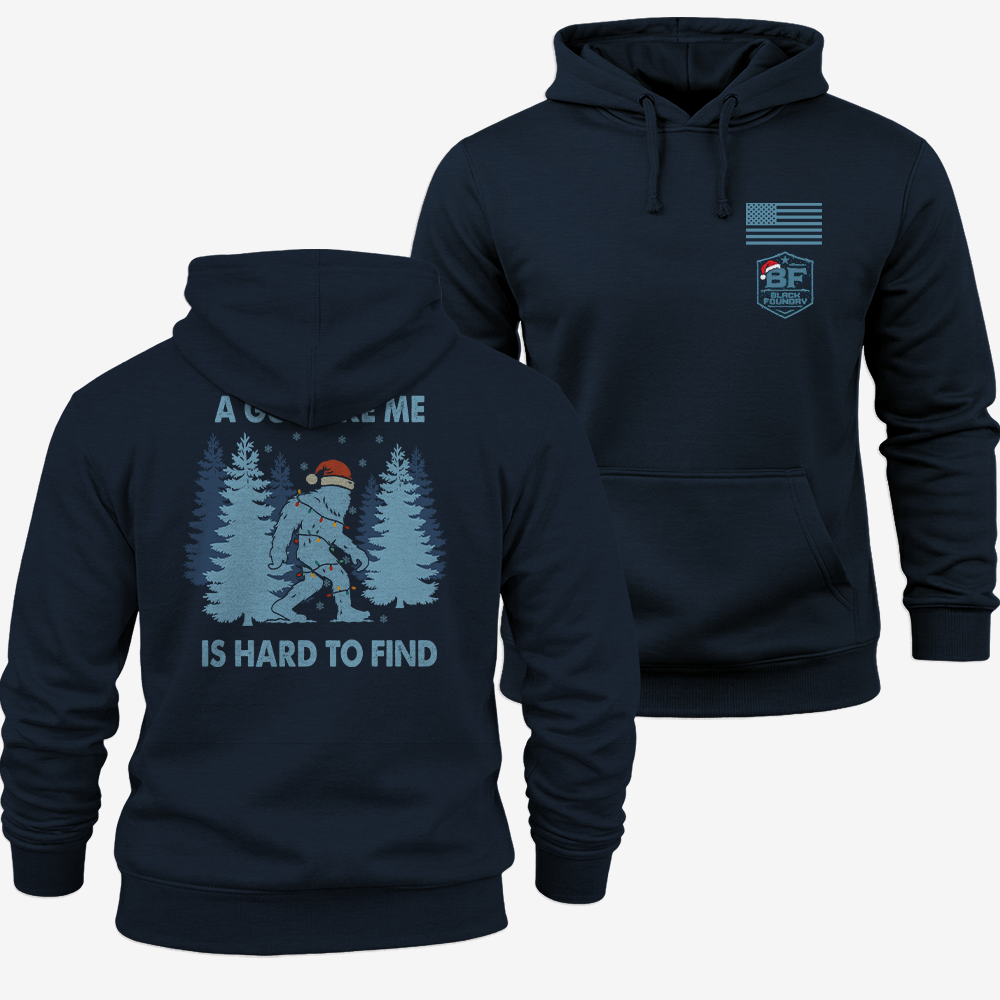 Hard To Find Christmas Bigfoot Hoodie Navy front and back mockup