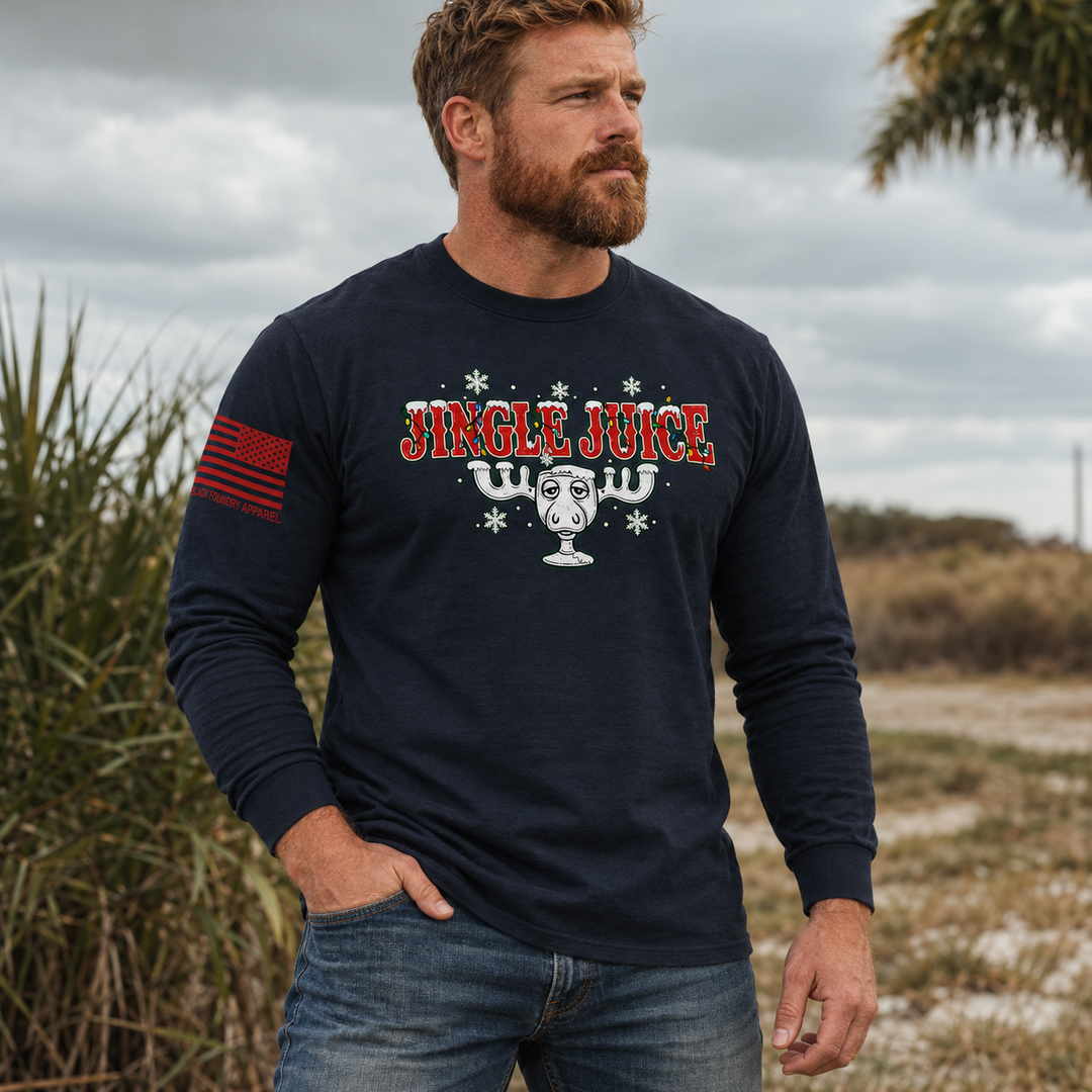 Jingle Juice Long Sleeve Navy front design lifestyle creative