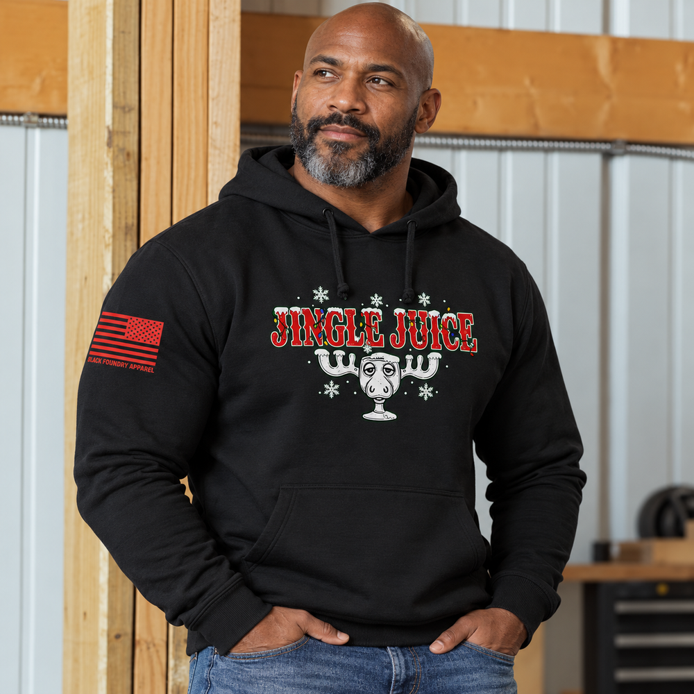 Jingle Juice Hoodie Black front design lifestyle creative
