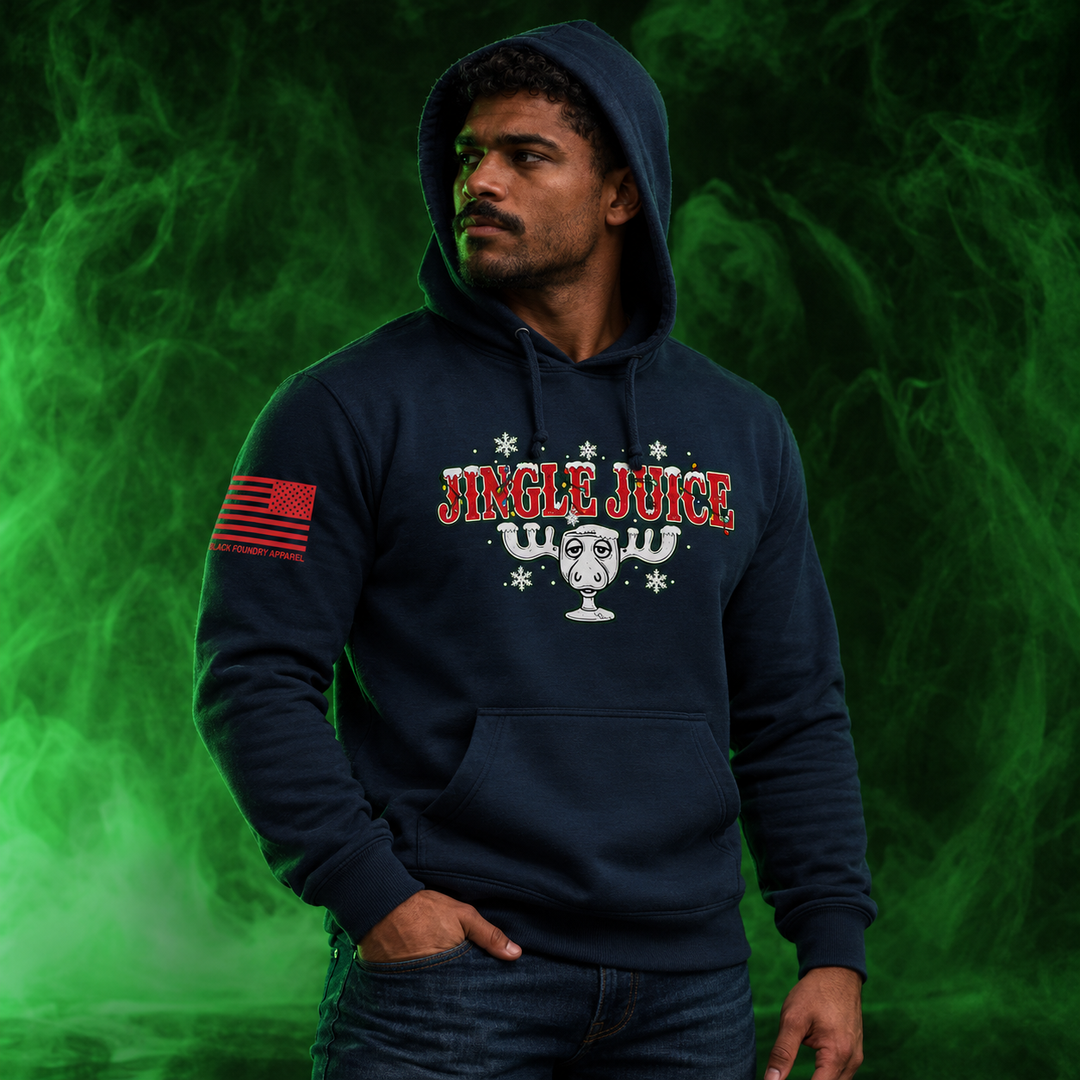 Jingle Juice Hoodie Navy front design lifestyle creative