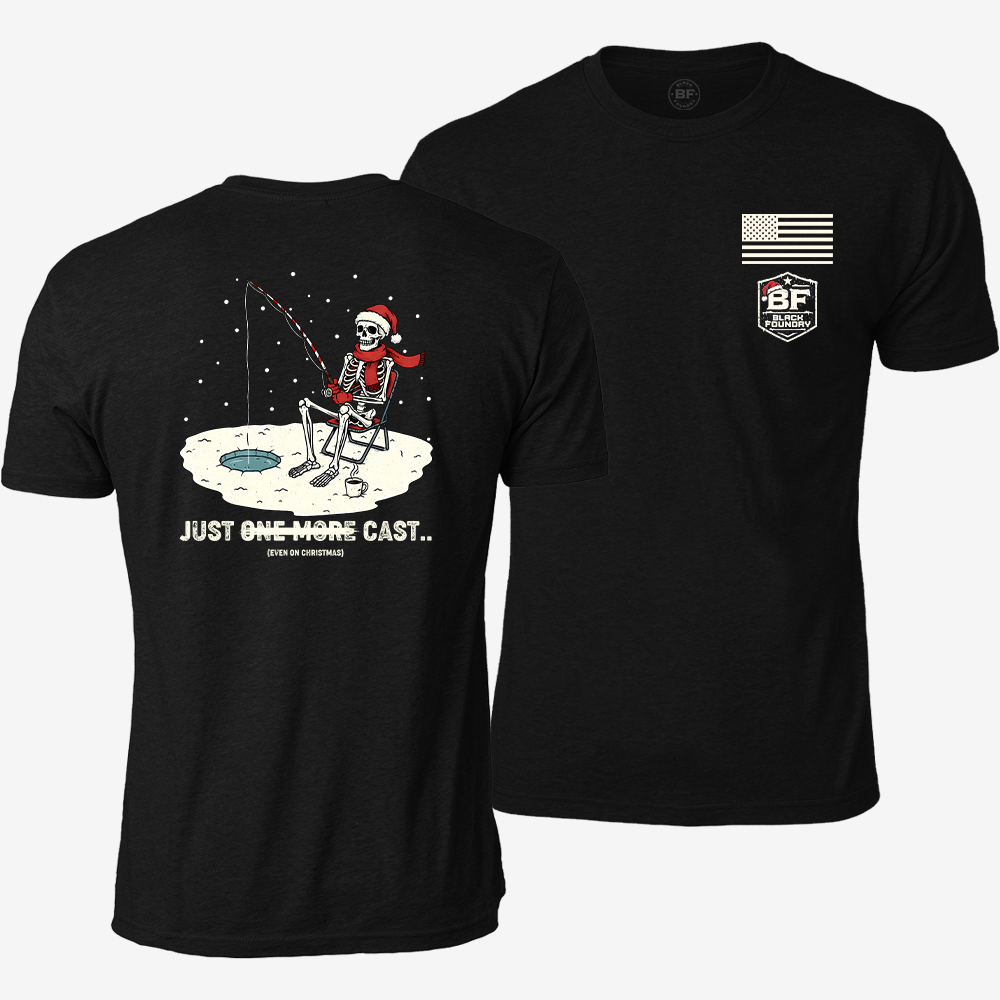 Just One More Cast T-shirt Black front and back mockup