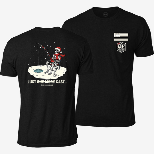 Just One More Cast T-shirt Black front and back mockup