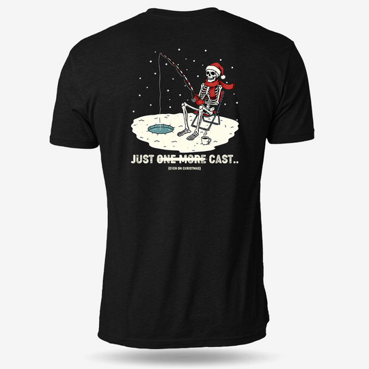 Just One More Cast T-shirt Black main printed design mockup