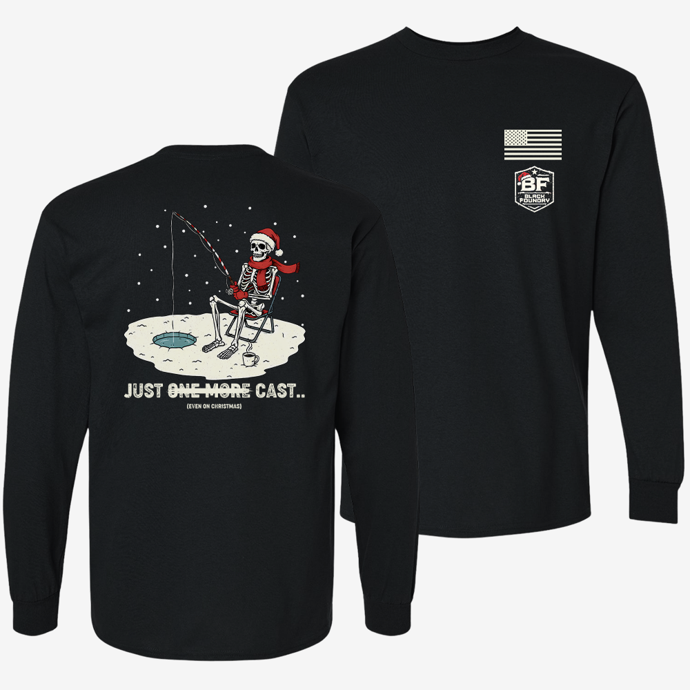Just One More Cast Long Sleeve Black front and back mockup