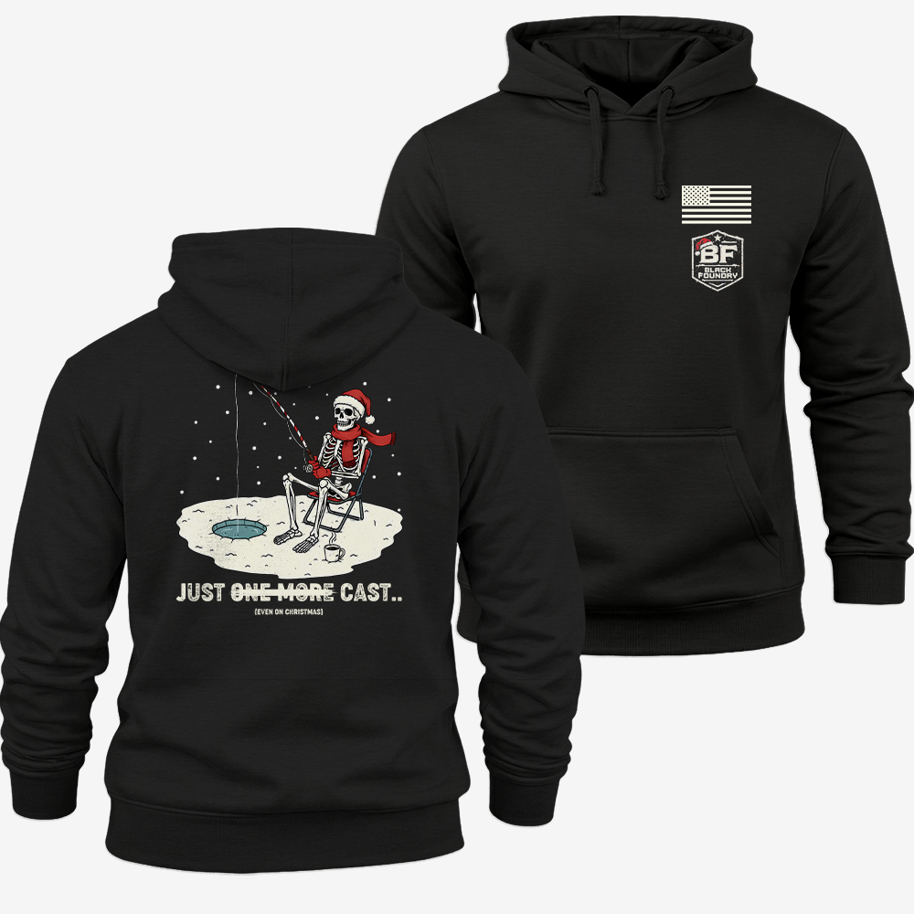Just One More Cast Hoodie Black front and back mockup