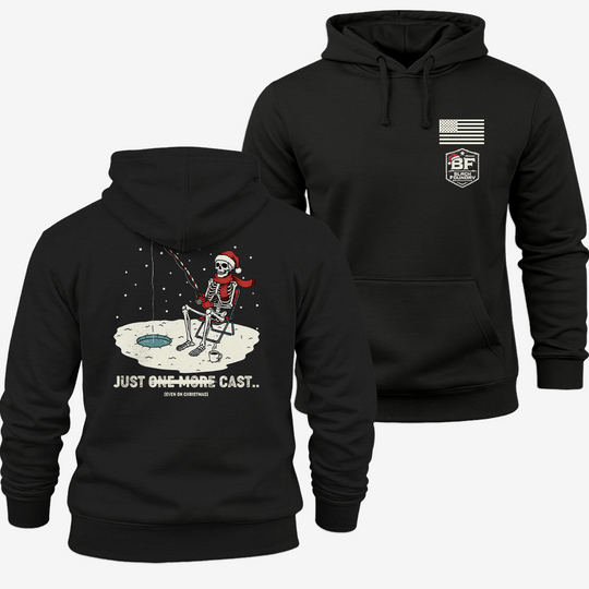 Just One More Cast Hoodie Black front and back mockup