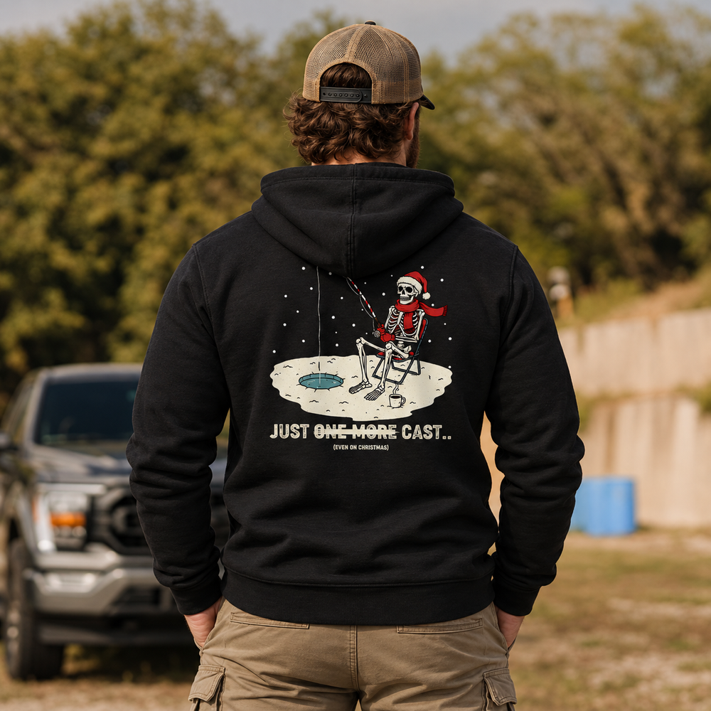 Just One More Cast Hoodie Black back design lifestyle creative