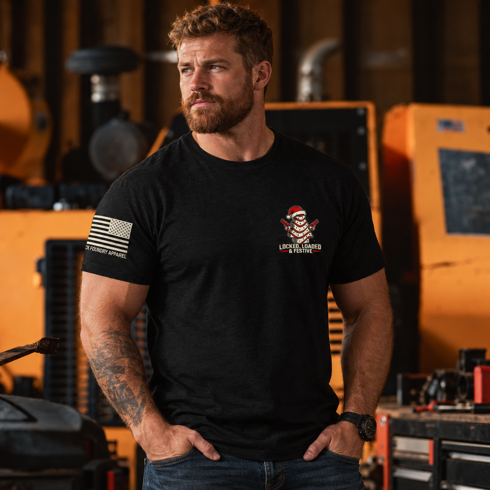 Locked, Loaded & Festive T-shirt Black front design lifestyle creative