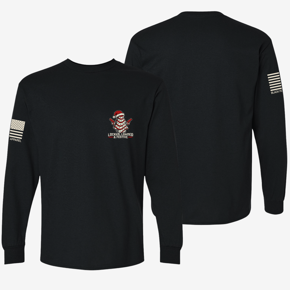 Locked, Loaded & Festive Long Sleeve Black front and back mockup