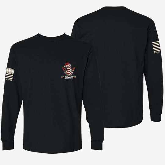 Locked, Loaded &amp; Festive Long Sleeve Black front and back mockup