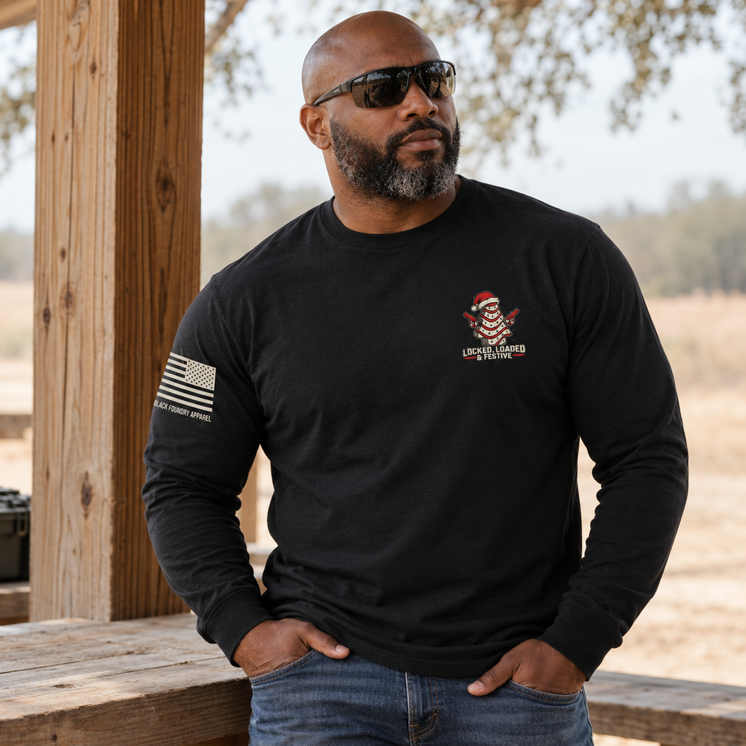Locked, Loaded &amp; Festive Long Sleeve Black front design lifestyle creative