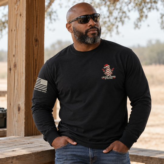 Locked, Loaded &amp; Festive Long Sleeve Black front design lifestyle creative