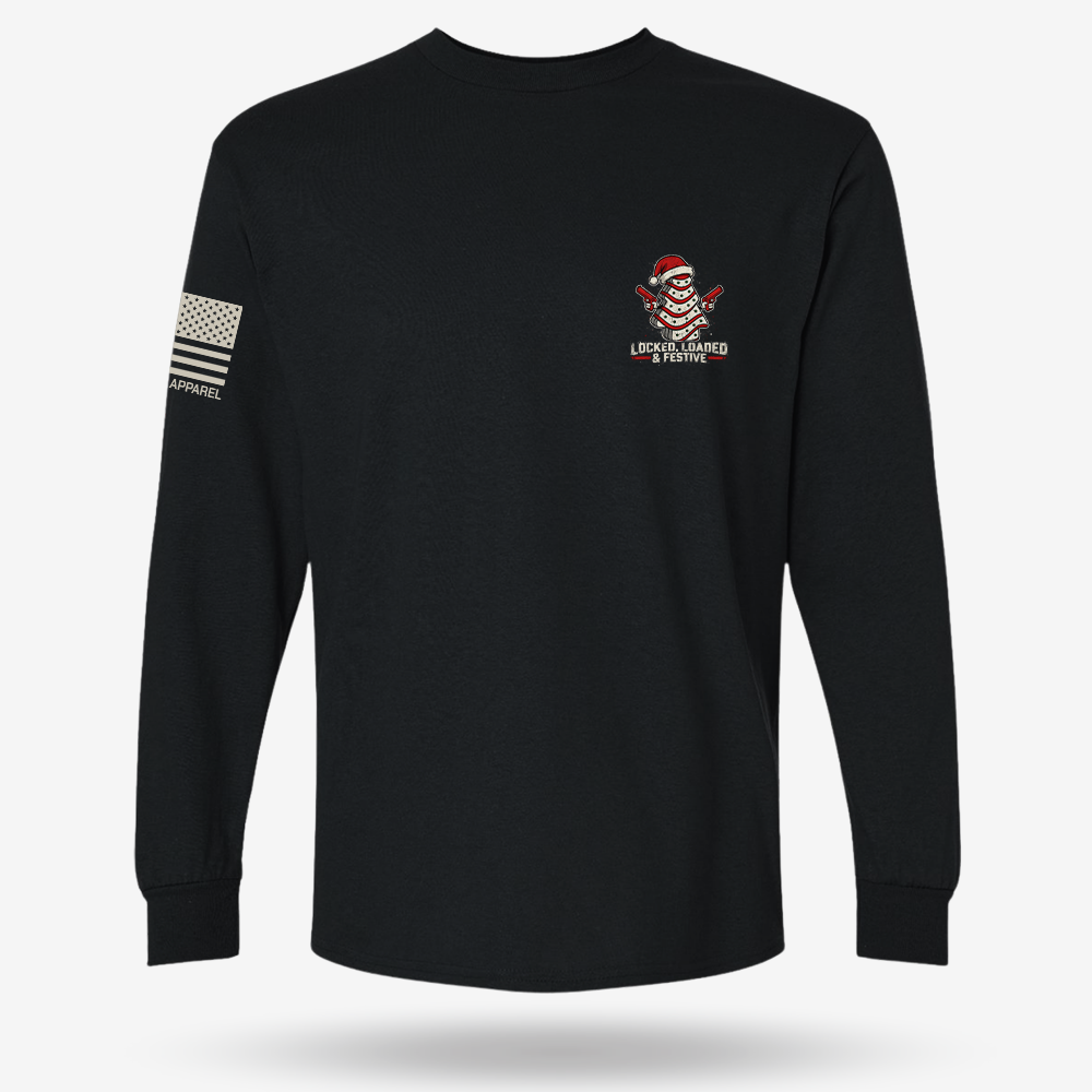 Locked, Loaded &amp; Festive Long Sleeve Black main printed design mockup