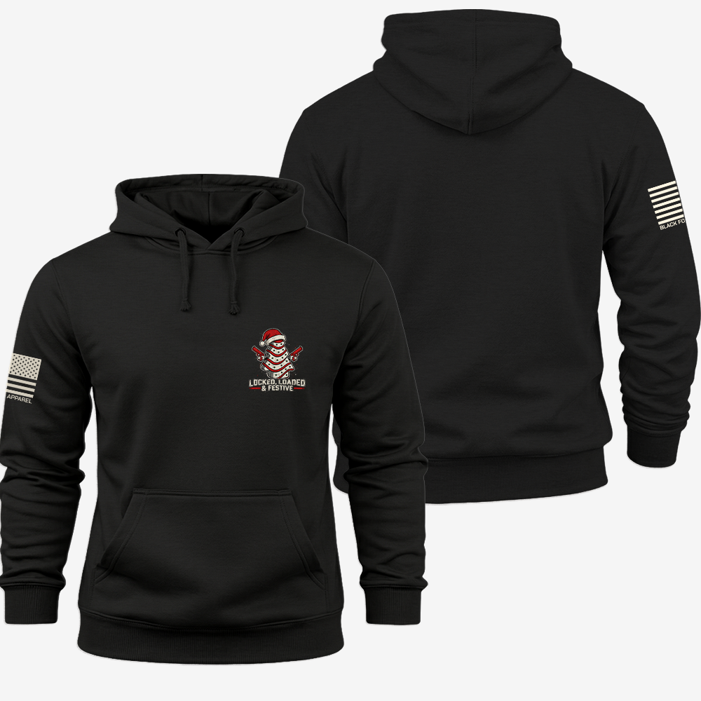 Locked, Loaded & Festive Hoodie Black front and back mockup