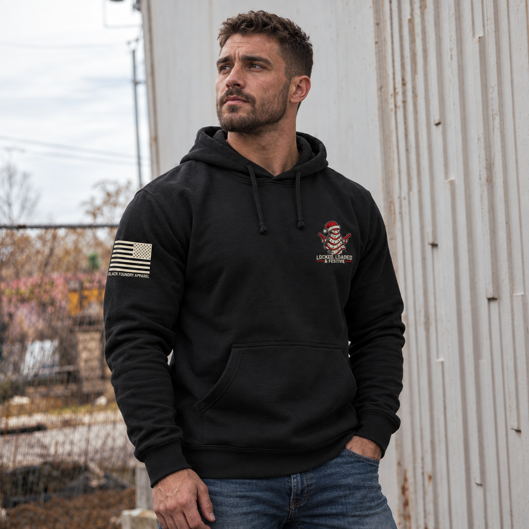 Locked, Loaded &amp; Festive Hoodie Black front design lifestyle creative
