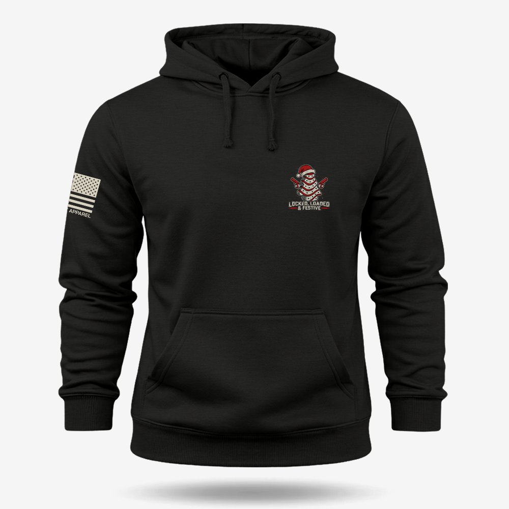 Locked, Loaded &amp; Festive Hoodie Black main printed design mockup