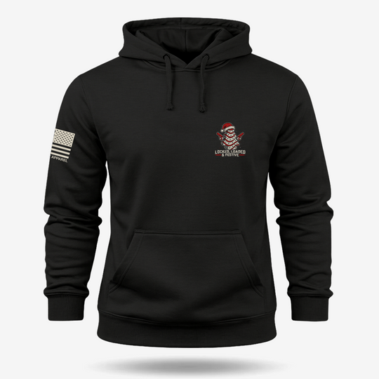 Locked, Loaded &amp; Festive Hoodie Black main printed design mockup