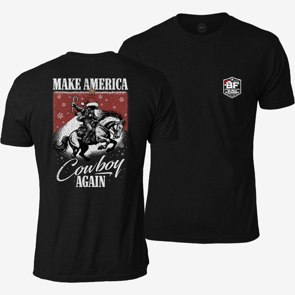Make America Cowboy Again – Christmas Edition T-shirt Black front and back mockup