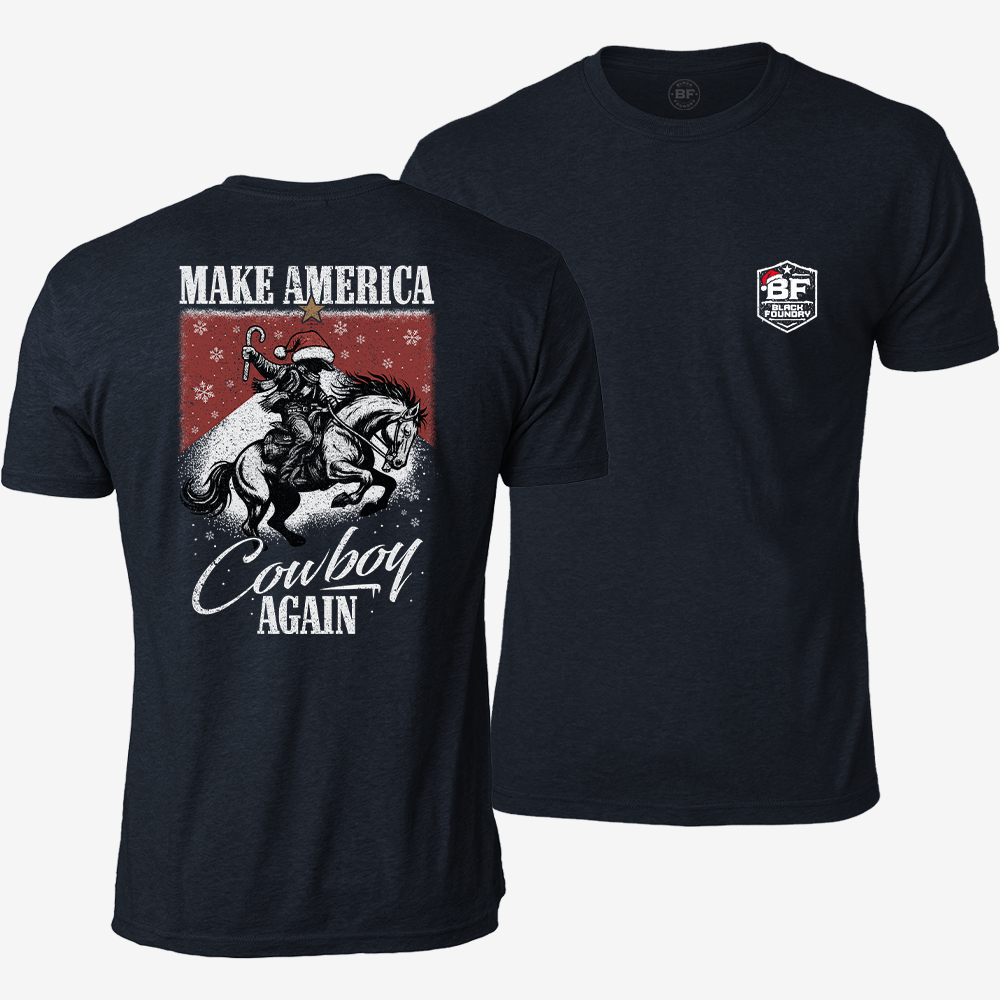 Make America Cowboy Again – Christmas Edition T-shirt Heather Navy front and back mockup