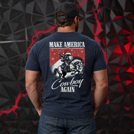 Make America Cowboy Again – Christmas Edition T-shirt Heather Navy back design lifestyle creative