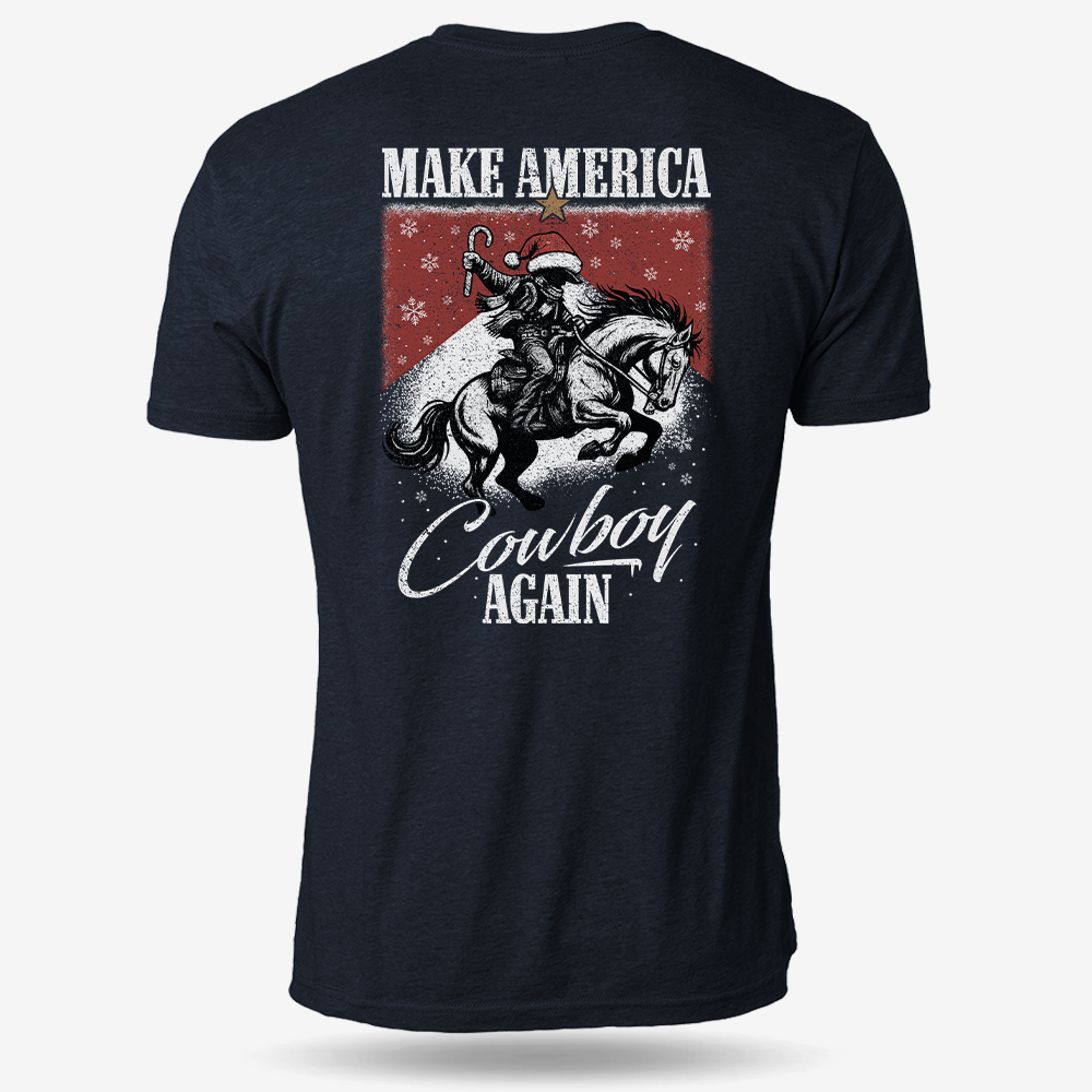 Make America Cowboy Again – Christmas Edition T-shirt Heather Navy main printed design mockup