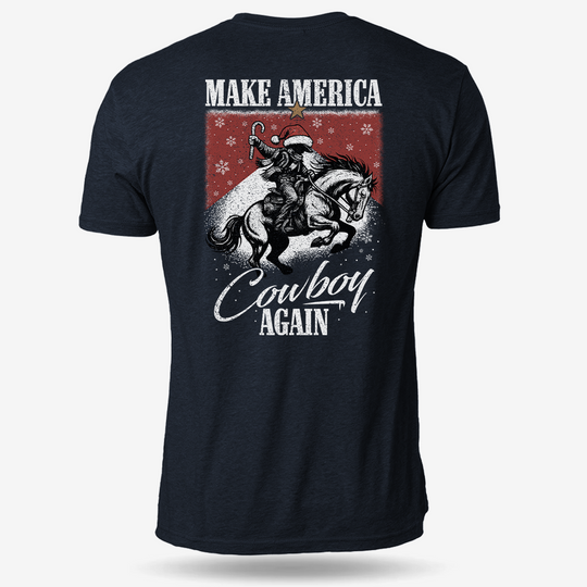 Make America Cowboy Again – Christmas Edition T-shirt Heather Navy main printed design mockup