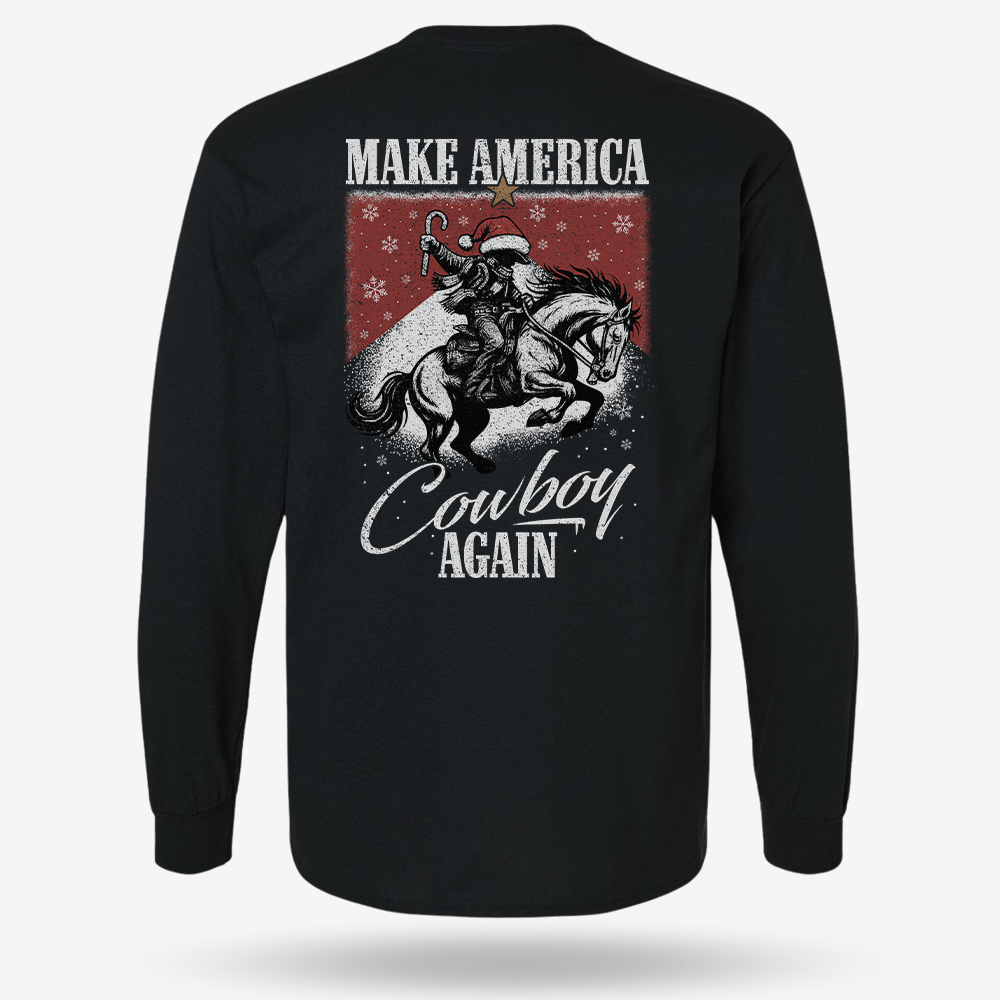 Make America Cowboy Again – Christmas Edition Long Sleeve Black main printed design mockup