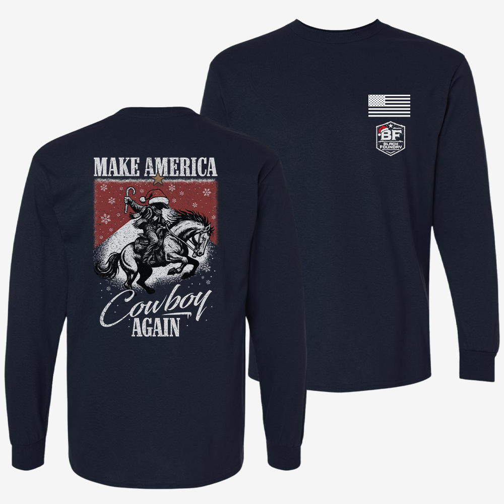 Make America Cowboy Again – Christmas Edition Long Sleeve Navy front and back mockup