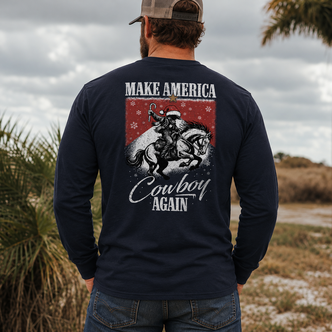Make America Cowboy Again – Christmas Edition Long Sleeve Navy back design lifestyle creative