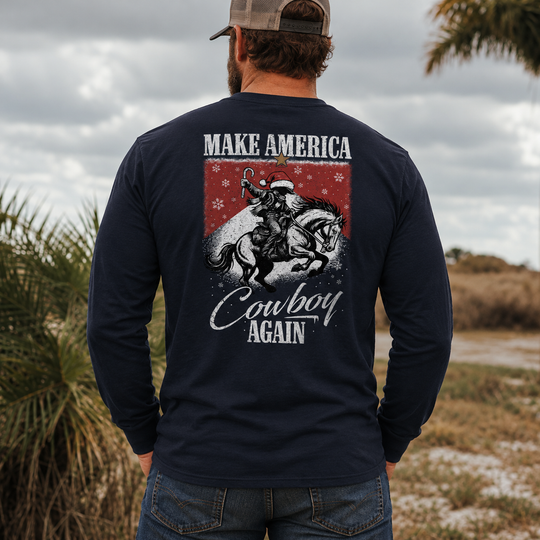 Make America Cowboy Again – Christmas Edition Long Sleeve Navy back design lifestyle creative