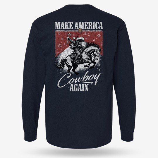 Make America Cowboy Again – Christmas Edition Long Sleeve Navy main printed design mockup