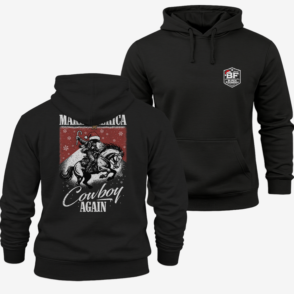Make America Cowboy Again – Christmas Edition Hoodie Black front and back mockup
